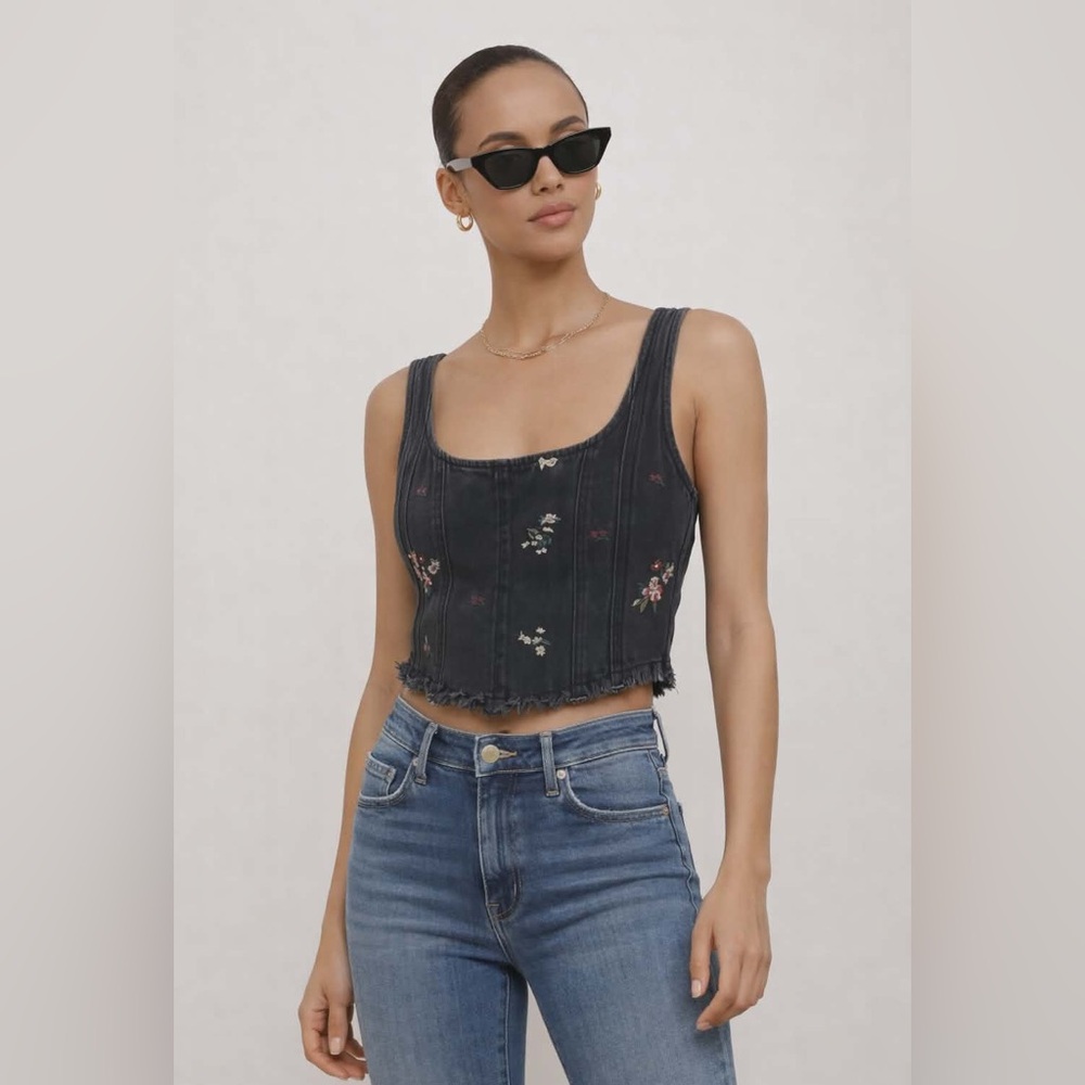 Banjara Black Floral Embroidered Frayed-Hem Crop Tank